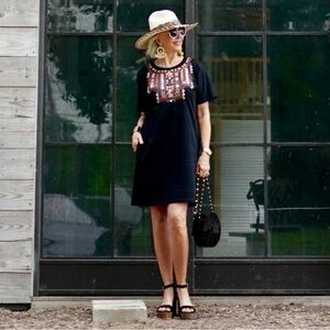 Souk Indigo Virginia Dress Size Medium Black Embroidered Cotton Sequins Chic EUC